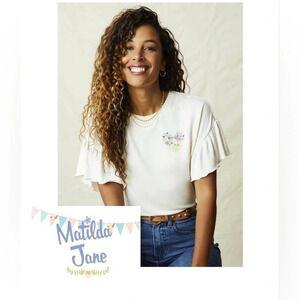 Matilda Jane women shirt Large top short sleeve cream floral heart top embroider